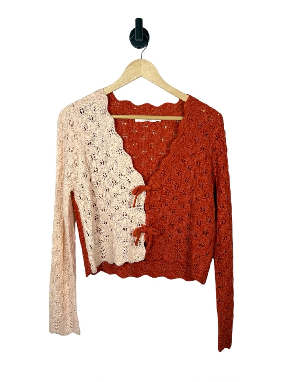 All In Favor Colorblock Pointelle Knit Tie Front Cardigan Cream Rust Medium